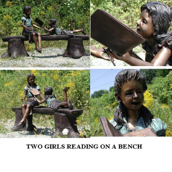 Two Girls Reading On A Bench Bronze Statuary High End Decor